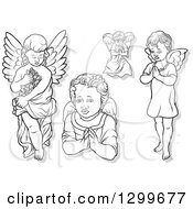 Poster, Art Print Of Black And White Angels Carrying Flowers And Praying With Gray Shadows