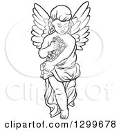 Clipart Of A Black And White Angel Carrying Flowers Royalty Free Vector Illustration
