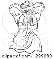 Clipart Of A Black And White Angel Praying Royalty Free Vector Illustration