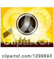 Poster, Art Print Of Music Speaker Over A Silhouetted Dancing Crowd Flag And Carnival Tents