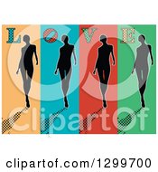 Poster, Art Print Of Retro Silhouetted Women Walking On Colorful Panels With Halftone Shadows And Love Text