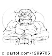 Clipart Of A Black And White Tough Muscular Bulldog Man Punching One Fist Into A Palm Royalty Free Vector Illustration