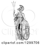 Clipart Of A Black And White Engraved Britannia With A Trident And Shield Royalty Free Vector Illustration