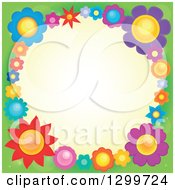 Poster, Art Print Of Border Made Of Colorful Flowers Around Yellow On Green 4