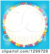 Poster, Art Print Of Round Frame Made Of Colorful Flowers Around Yellow On Blue