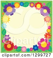 Poster, Art Print Of Border Made Of Colorful Flowers Around Yellow On Green 3