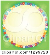 Poster, Art Print Of Round Frame Made Of Colorful Flowers Around Yellow On Green