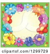 Poster, Art Print Of Border Made Of Colorful Flowers Around Yellow On Green 2