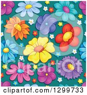 Clipart Of A Seamless Colorful Flower Pattern Background On Teal Royalty Free Vector Illustration
