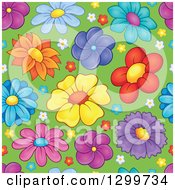 Clipart Of A Seamless Colorful Flower Pattern Background On Green Royalty Free Vector Illustration