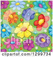 Poster, Art Print Of Seamless Colorful Flower Pattern Background On Green