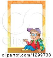 Clipart Of A Cartoon Border Of A Brunette White School Boy Sitting And Presenting Royalty Free Vector Illustration