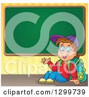 Clipart Of A Cartoon Brunette White School Boy Sitting And Presenting A Chalkboard Royalty Free Vector Illustration by visekart
