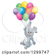 Poster, Art Print Of Gray Bunny Rabbit Floating With Colorful Party Balloons