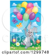 Poster, Art Print Of Gray Bunny Rabbit Floating With Colorful Party Balloons In A Spring Meadow