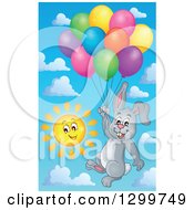 Poster, Art Print Of Gray Bunny Rabbit Floating With Colorful Patterned Party Balloons Against A Sky