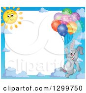 Poster, Art Print Of Border Of A Sun And Gray Bunny Rabbit Floating With Colorful Patterned Party Balloons