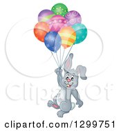 Poster, Art Print Of Gray Bunny Rabbit Floating With Colorful Patterned Party Balloons