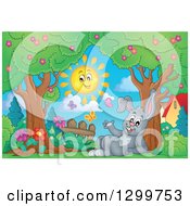 Clipart Of A Gray Bunny Rabbit Resting In A Park With A Happy Sun Royalty Free Vector Illustration