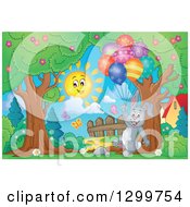 Poster, Art Print Of Gray Bunny Rabbit Floating With Colorful Patterned Party Balloons In A Park
