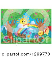 Poster, Art Print Of Happy Spring Time Sun And Rainbow Over Trees Butterflies And Flowers