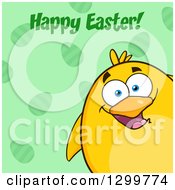 Poster, Art Print Of Cartoon Yellow Chick And Happy Easter Greeting Over Green Eggs