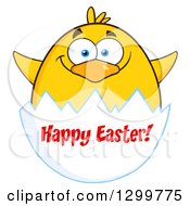 Poster, Art Print Of Cartoon Yellow Chick And Happy Easter Greeting On An Egg Shell