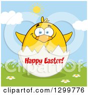 Poster, Art Print Of Cartoon Yellow Chick And Happy Easter Greeting On An Egg Shell On A Sunny Day 2