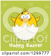 Poster, Art Print Of Cartoon Yellow Chick And Happy Easter Greeting In An Egg Shell Over Green