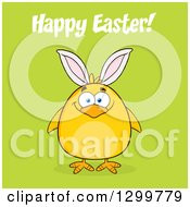 Poster, Art Print Of Cartoon Yellow Chick Wearing Bunny Ears With Happy Easter Text On Green
