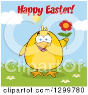 Poster, Art Print Of Cartoon Yellow Chick Holding A Flower And Happy Easter Greeting