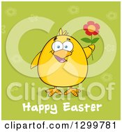 Poster, Art Print Of Cartoon Yellow Chick Holding A Flower Over Green With Happy Easter Text