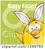Poster, Art Print Of Happy Easter Greeting Over A Cartoon Yellow Chick Wearing Bunny Ears On Green
