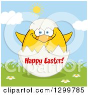 Poster, Art Print Of Cartoon Yellow Chick And Happy Easter Greeting On An Egg Shell On A Sunny Day