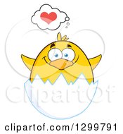 Poster, Art Print Of Cartoon Yellow Chick Hatching And Thinking About Love