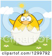 Clipart Of A Cartoon Yellow Chick In An Egg Shell On A Sunny Day Royalty Free Vector Illustration