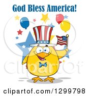 Poster, Art Print Of Cartoon Patriotic Yellow Chick Holding An American Flag Under God Bless America Text