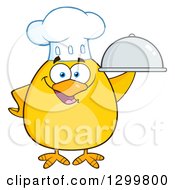 Poster, Art Print Of Cartoon Yellow Chick Chef Holding A Cloche Platter