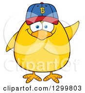 Cartoon Yellow Chick Waving And Wearing A Baseball Cap by Hit Toon