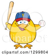 Poster, Art Print Of Cartoon Yellow Chick Wearing A Baseball Cap And Holding A Ball And Bat