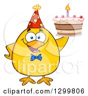 Clipart Of A Cartoon Yellow Chick Wearing A Party Hat And Holding A Cake Royalty Free Vector Illustration