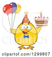 Poster, Art Print Of Cartoon Yellow Chick Wearing A Party Hat And Holding A Cake And Balloons