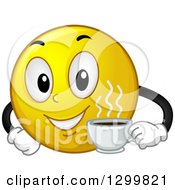 Cartoon Yellow Smiley Face Emoticon Holding A Cup Of Coffee