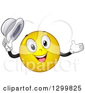 Poster, Art Print Of Cartoon Yellow Smiley Face Emoticon Welcoming And Holding His Hat