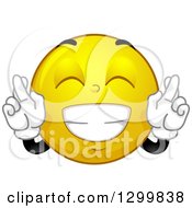 Poster, Art Print Of Cartoon Yellow Smiley Face Emoticon Crossing Fingers For Good Luck