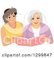 Clipart Of A Cartoon Senior White Woman Looking Through A Photo Album With A Home Care Nurse Royalty Free Vector Illustration
