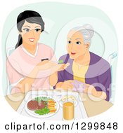 Poster, Art Print Of Cartoon Senior White Woman Being Fed By A Helper