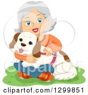 Clipart Of A Cartoon Senior White Woman Sitting In Grass And Hugging Her Dog Royalty Free Vector Illustration