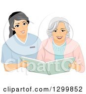 Clipart Of A Cartoon Senior White Woman Looking Through A Photo Album With A Nurse Royalty Free Vector Illustration