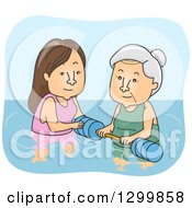 Poster, Art Print Of Cartoon Senior White Woman Getting Help For Water Therapy